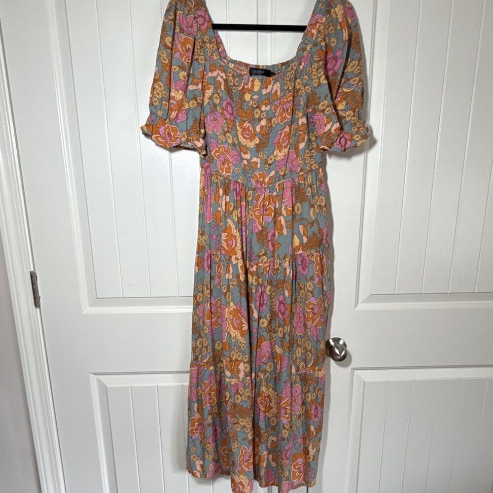 ZESICA Women's L Floral Puff Sleeve Smocked Midi Sundress Multicolor Rayon